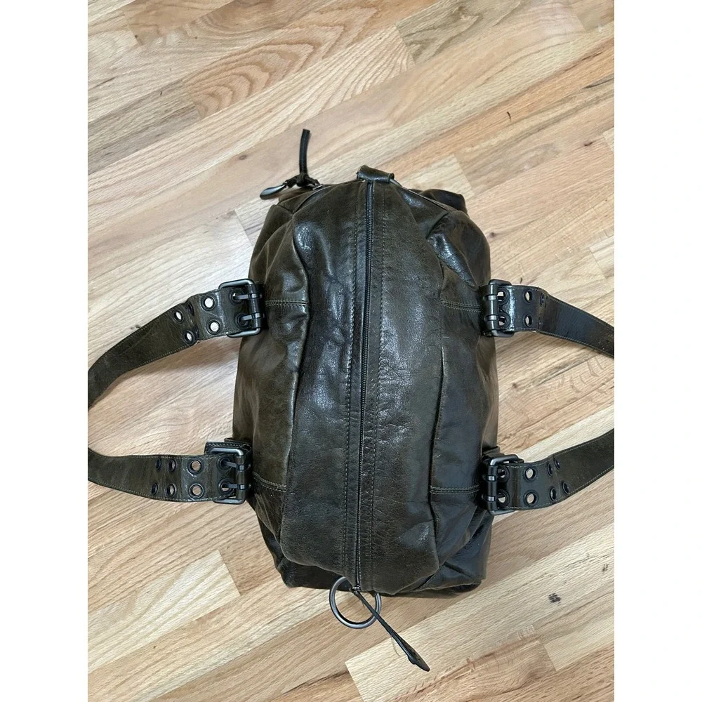 Y2K Francesco Biasia Distressed Leather Satchel Bag Olive Green Grunge